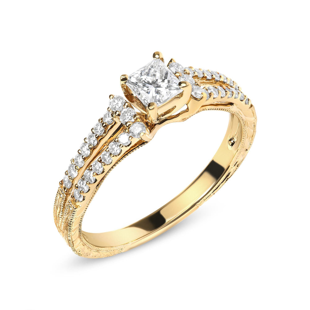 14K Yellow Gold Diamond 5/8 Cttw Princess Diamond Split Shank and Milgrain Engagement Ring (G-H Color, VS2-SI1 Clarity) - Size 7
