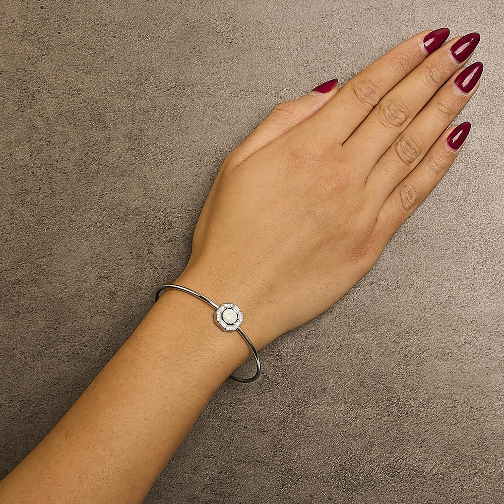 .925 Sterling Silver 7X7MM Created Opal and White Sapphire Halo Bangle Bracelet - 7 Inches
