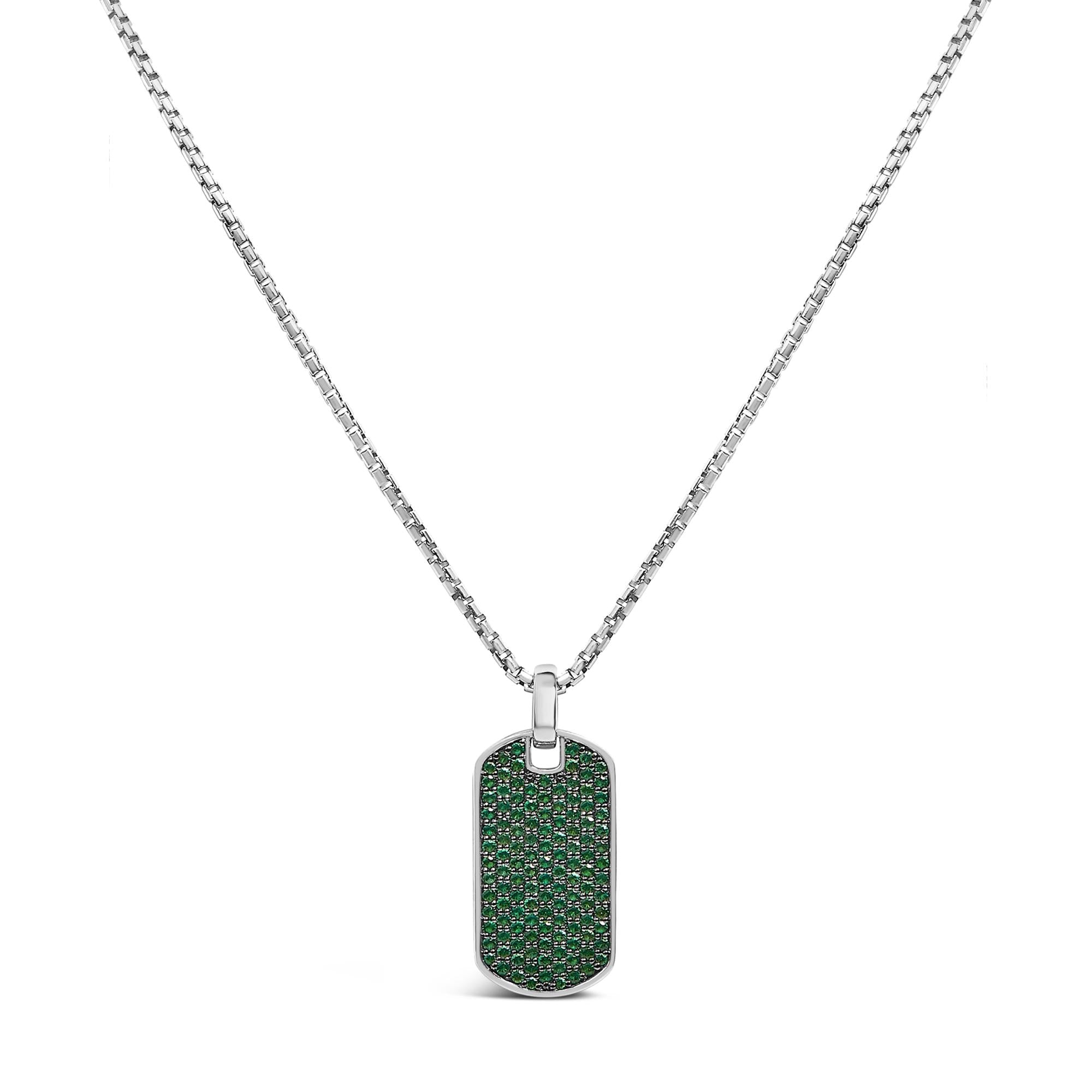 Men's .925 Sterling Silver Created Green Emerald Dog Tag Pendant Necklace - 22" Inches