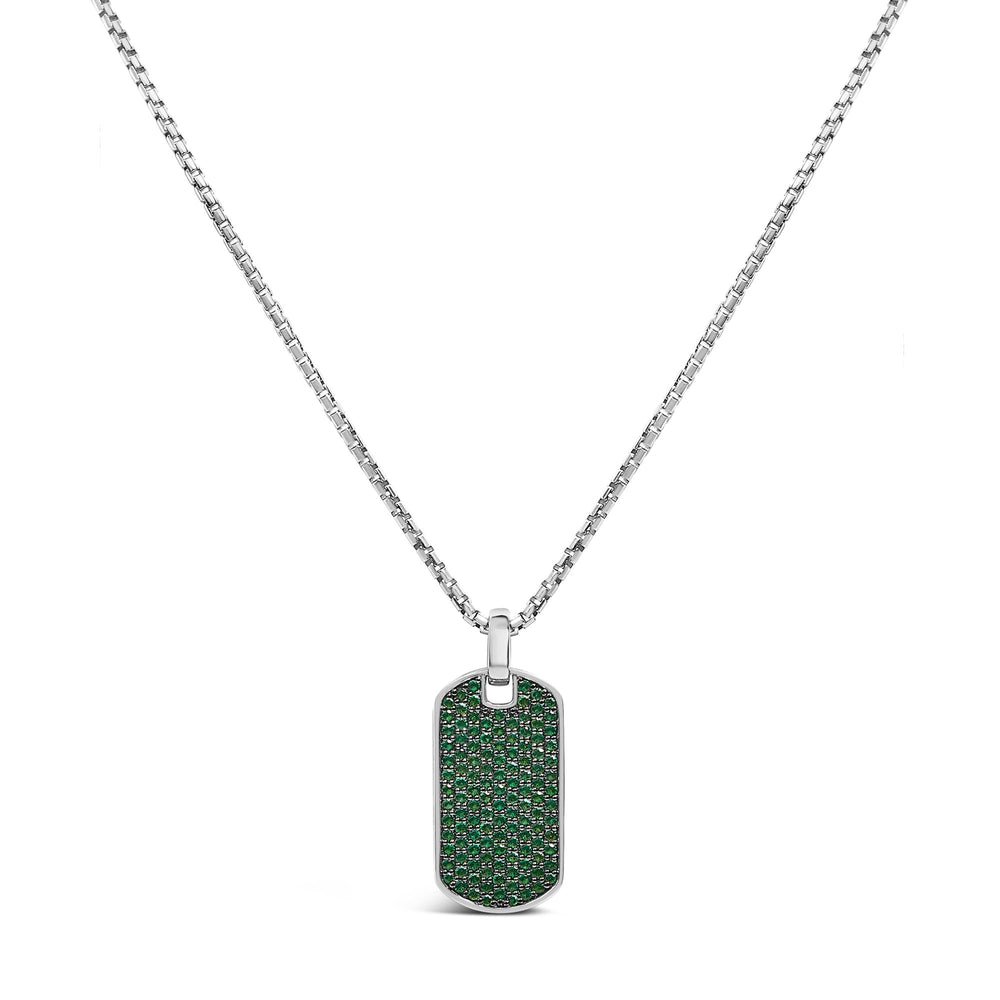 Men's .925 Sterling Silver Created Green Emerald Dog Tag Pendant Necklace - 22" Inches