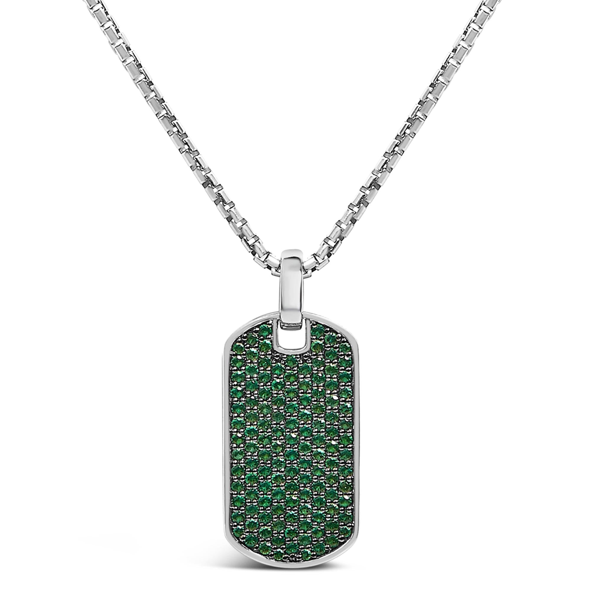 Men's .925 Sterling Silver Created Green Emerald Dog Tag Pendant Necklace - 22" Inches