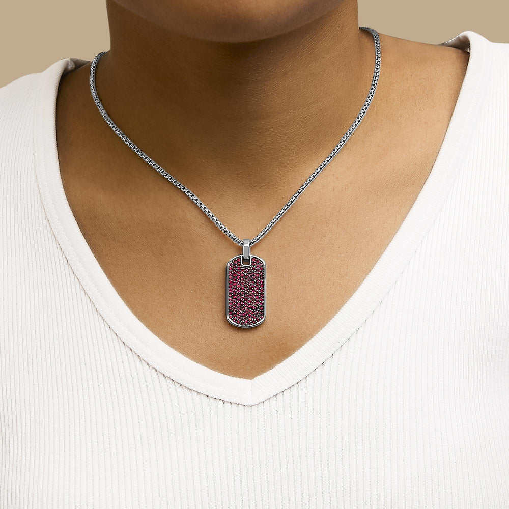Men's .925 Sterling Silver Created Red Ruby Dog Tag Pendant Necklace - 22" Inches