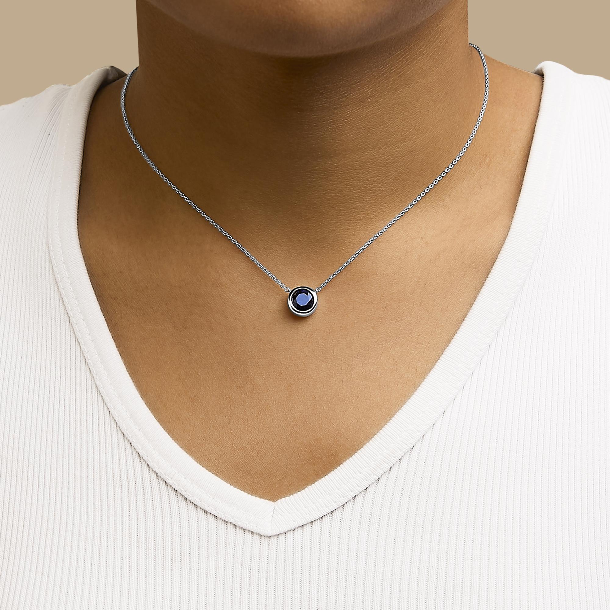 .925 Sterling Silver 7MM Bezel Set Created Gemstone Pendant Necklace - 18" Inches
