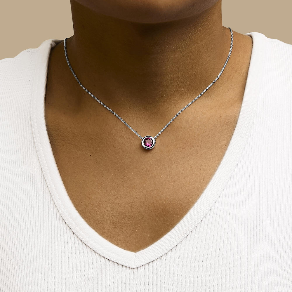 .925 Sterling Silver 7MM Bezel Set Created Gemstone Pendant Necklace - 18" Inches