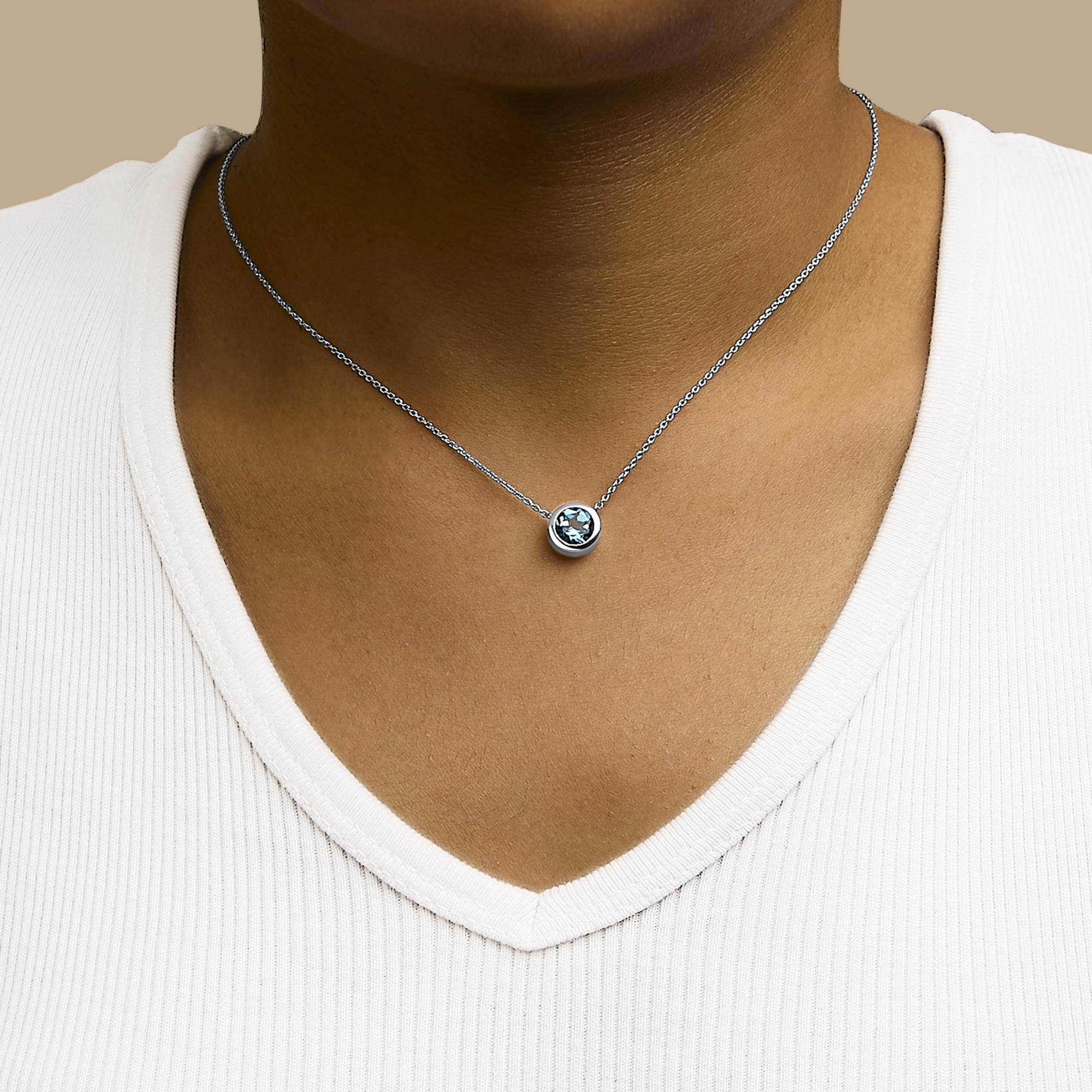 .925 Sterling Silver 7MM Bezel Set Created Gemstone Pendant Necklace - 18" Inches