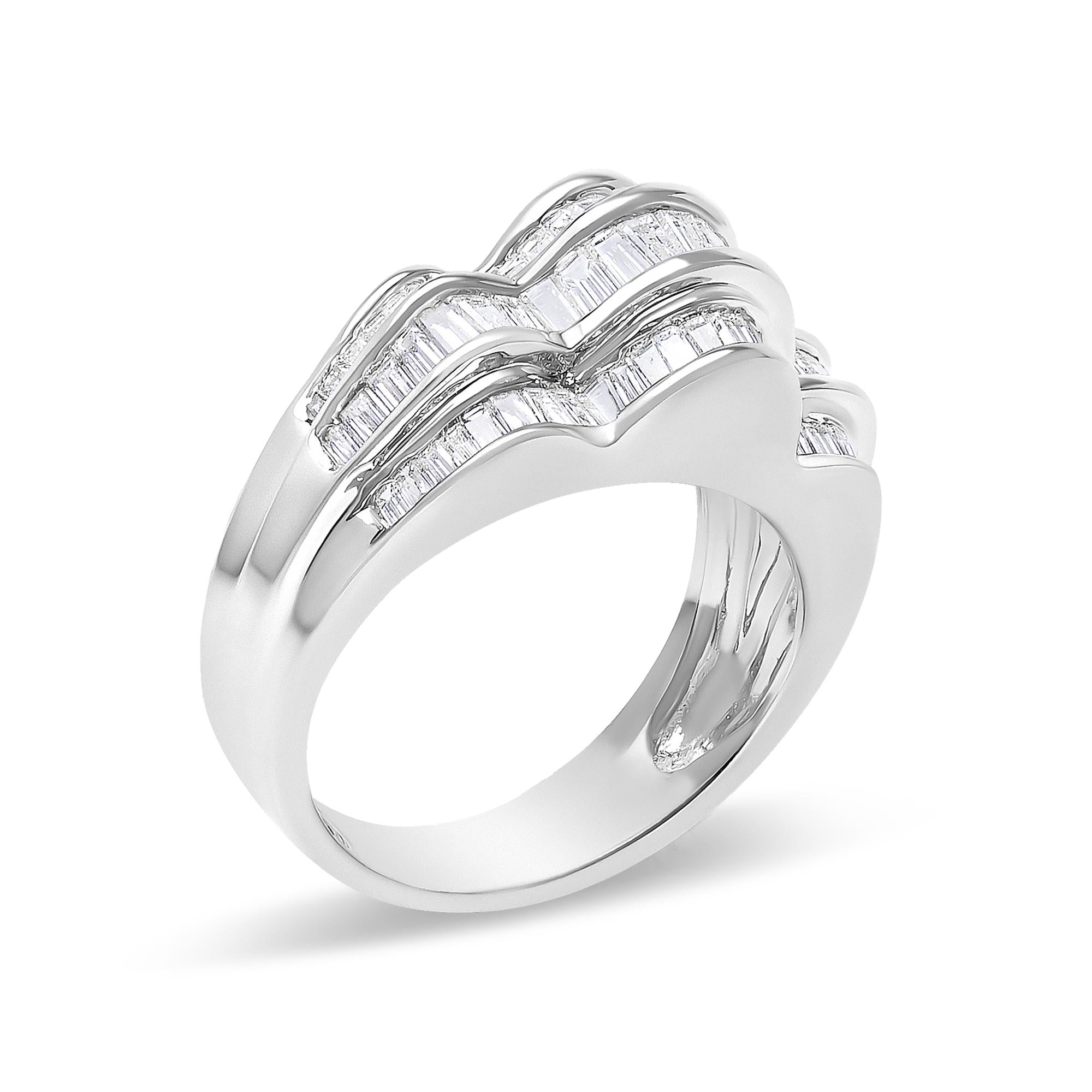 14K White Gold 1-1/4 Cttw Baguette Diamond Wave Design Band Ring