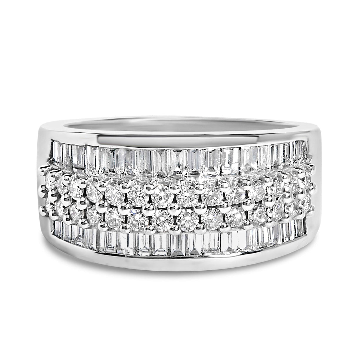 14K White Gold Round and Baguette Diamond Ring (1 1/2 Cttw, F-G Color, SI1-SI2 Clarity)