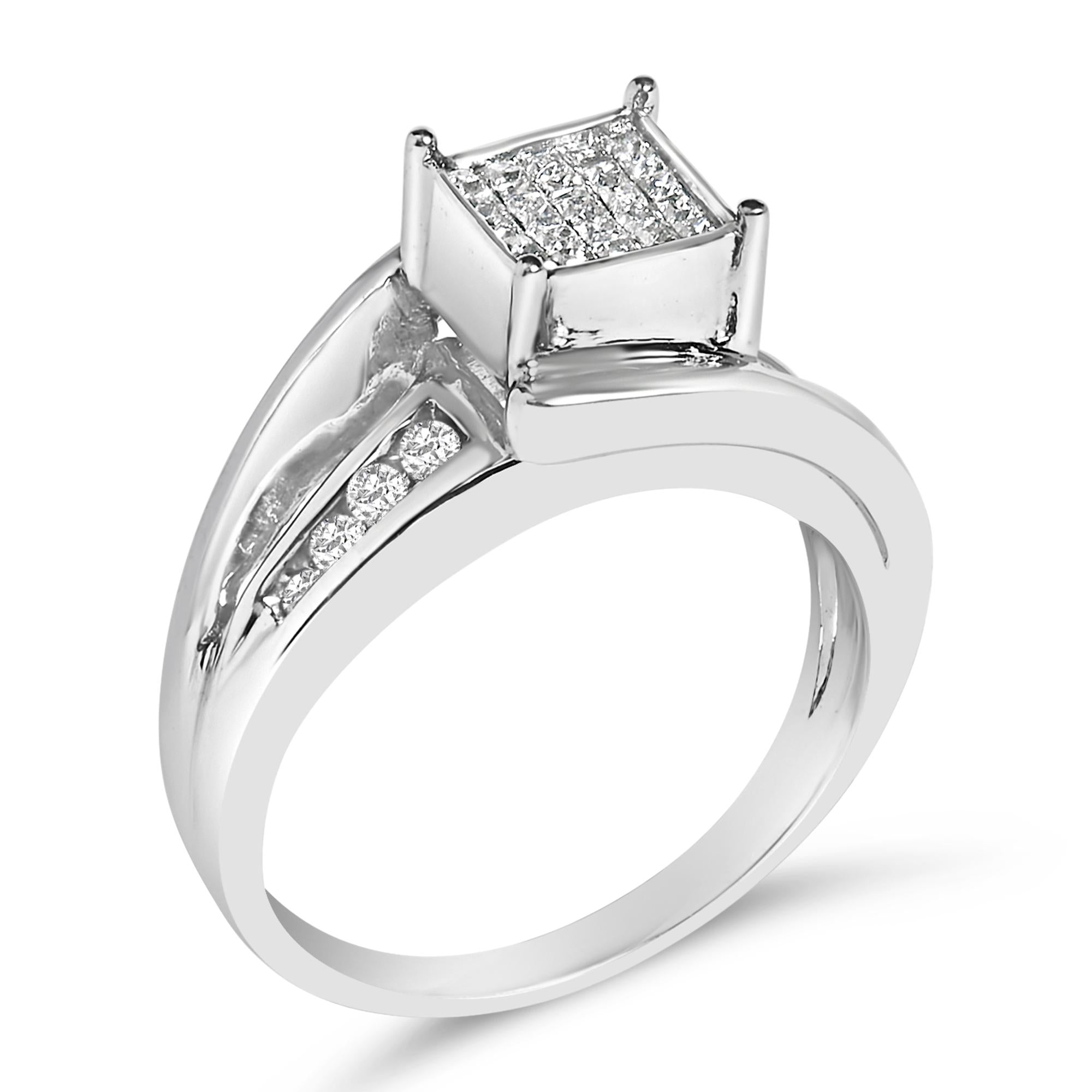 10K White Gold 1/3 Cttw Invisible Set Princess-cut Diamond Cluster Bypass Ring (H-I Color, SI1-SI2 Clarity)