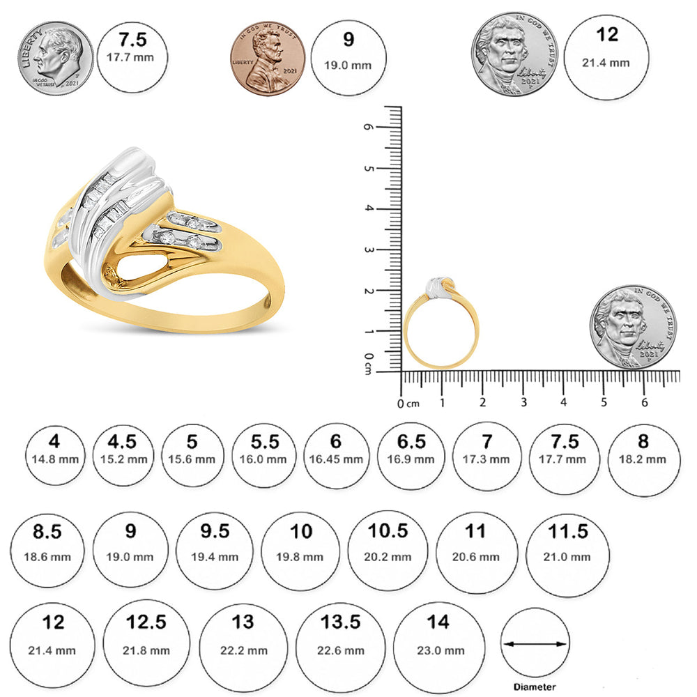 10K Yellow and White Gold 1.00 Cttw Round And Baguette-Cut Diamond Accent Bypass Ring (H-I Color, I2-I3 Clarity)