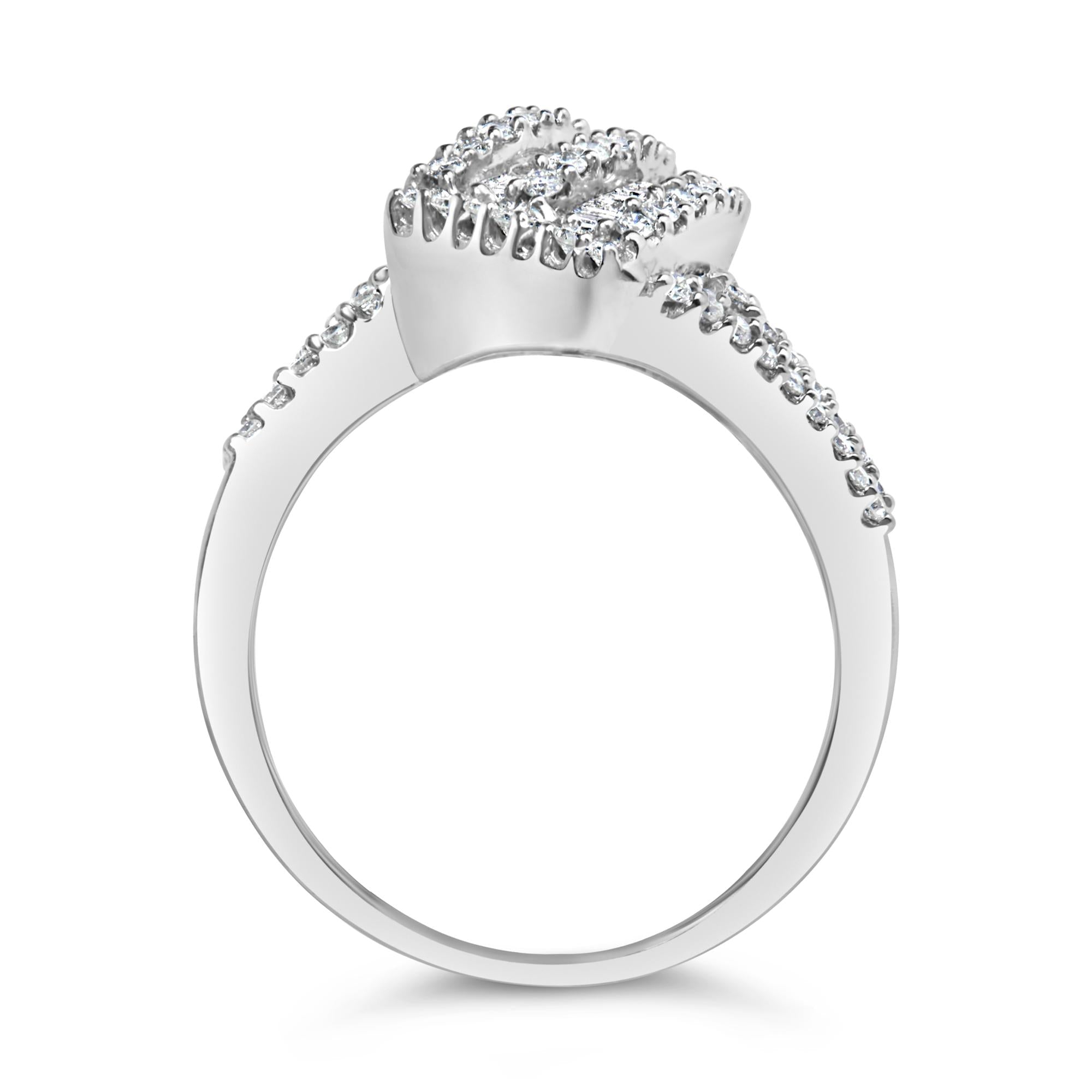 14K White Gold 1-1/2 Cttw Round and Baguette Diamond Bypass Cocktail Ring Band (H-I Color, SI1-SI2 Clarity)
