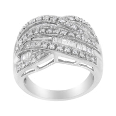 .925 Sterling Silver 1.0 Cttw Channel Set Alternating Round and Baguette Diamond Cross-over Bypass Ring Band (I-J Color, I2-I3 Clarity)