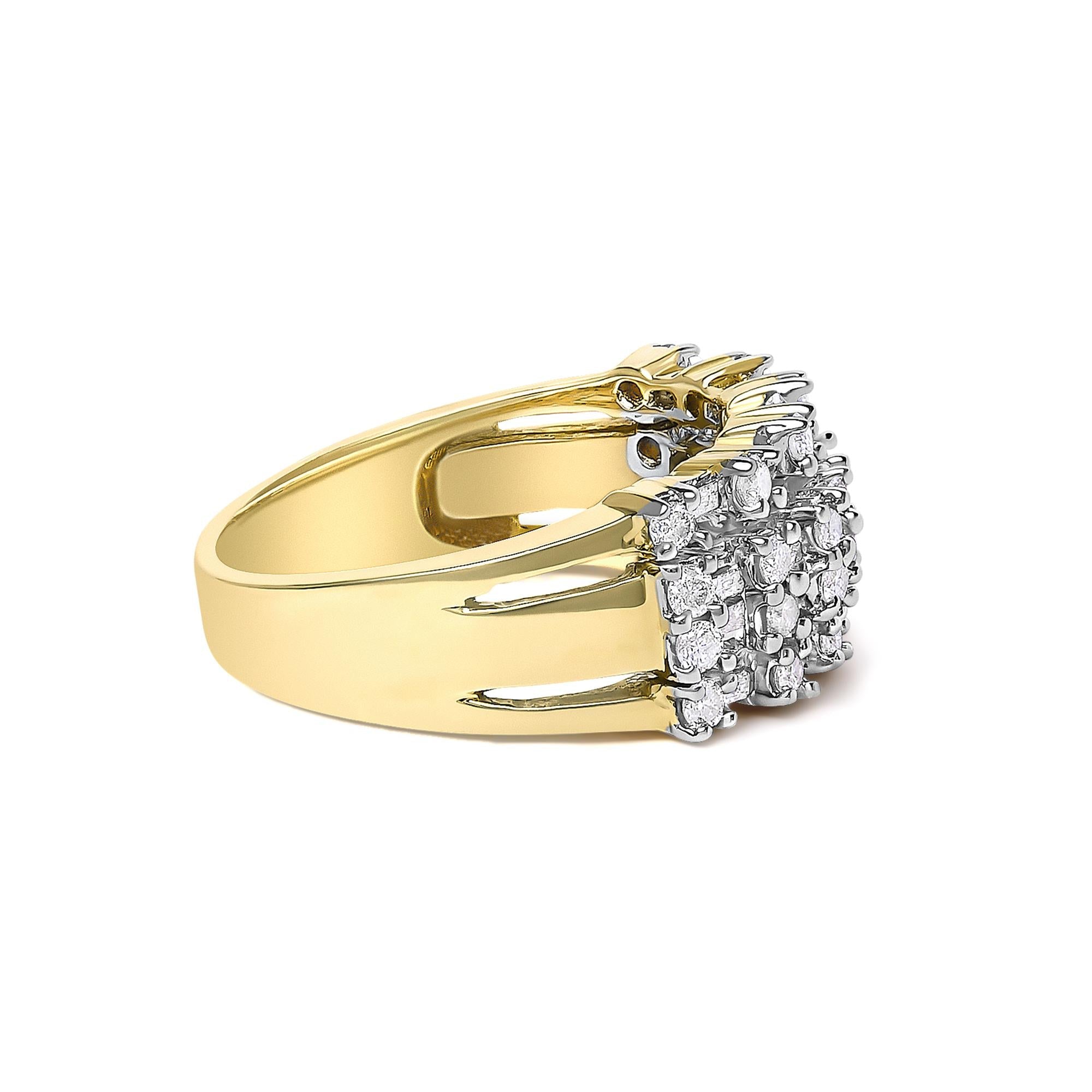 14K Yellow Gold 1.0 Cttw Round and Baguette Diamond Multi-Row Band Ring