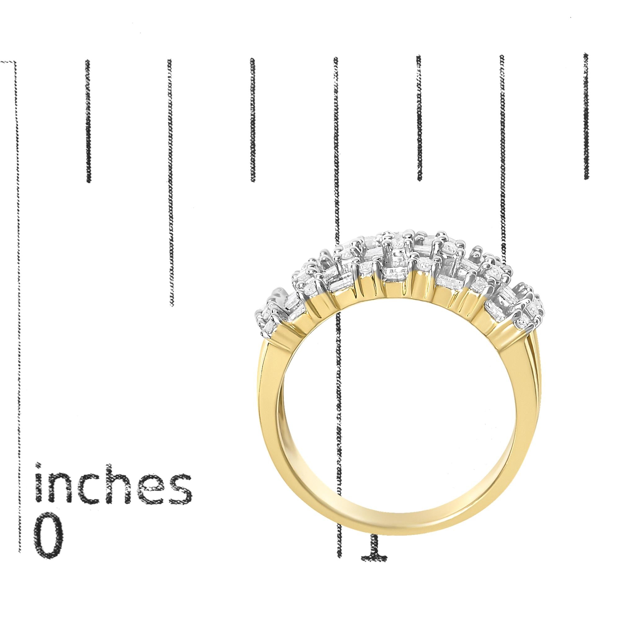 14K Yellow Gold 1.0 Cttw Round and Baguette Diamond Multi-Row Band Ring