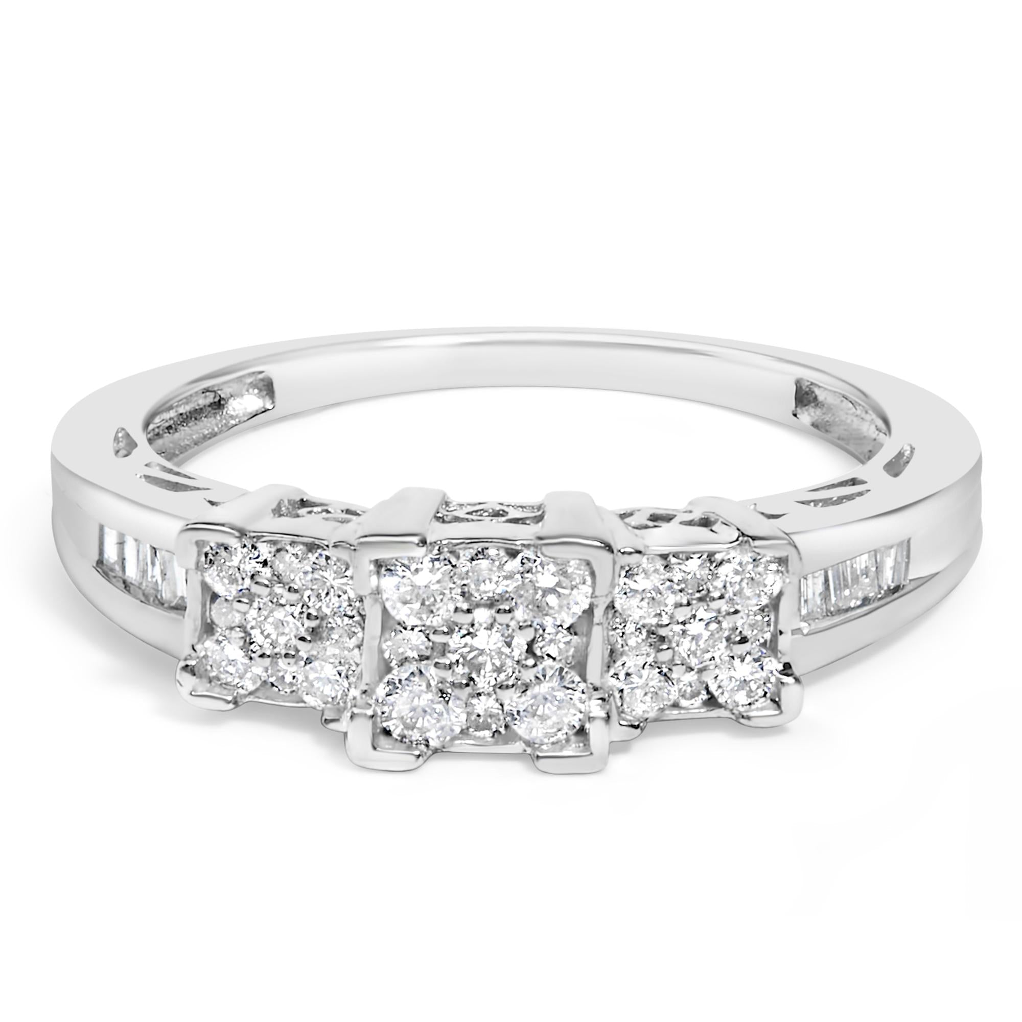 10K White Gold 1/2 Cttw Brilliant & Baguette Cut Diamond 3 Stone Design with 3 Square Clusters Engagement Ring (H-I Color, SI2-I1 Clarity)