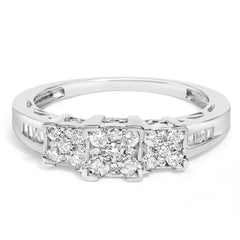 10K White Gold 1/2 Cttw Brilliant & Baguette Cut Diamond 3 Stone Design with 3 Square Clusters Engagement Ring (H-I Color, SI2-I1 Clarity)