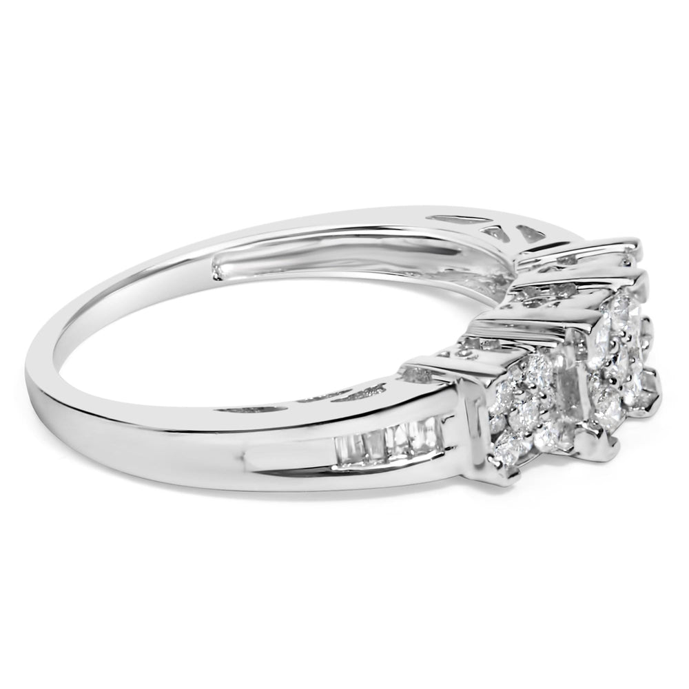 10K White Gold 1/2 Cttw Brilliant & Baguette Cut Diamond 3 Stone Design with 3 Square Clusters Engagement Ring (H-I Color, SI2-I1 Clarity)