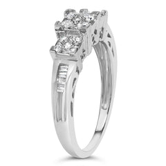 10K White Gold 1/2 Cttw Brilliant & Baguette Cut Diamond 3 Stone Design with 3 Square Clusters Engagement Ring (H-I Color, SI2-I1 Clarity)