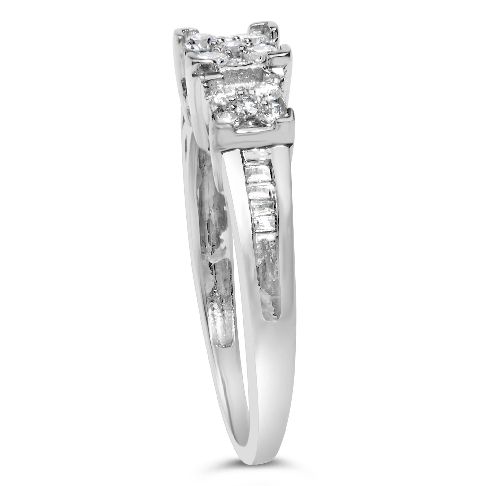 10K White Gold 1/2 Cttw Brilliant & Baguette Cut Diamond 3 Stone Design with 3 Square Clusters Engagement Ring (H-I Color, SI2-I1 Clarity)