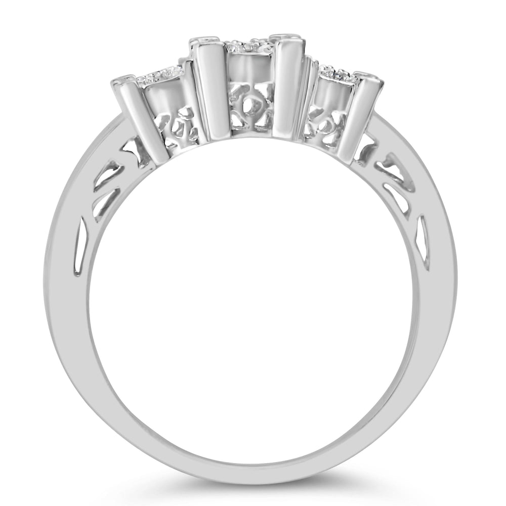 10K White Gold 1/2 Cttw Brilliant & Baguette Cut Diamond 3 Stone Design with 3 Square Clusters Engagement Ring (H-I Color, SI2-I1 Clarity)
