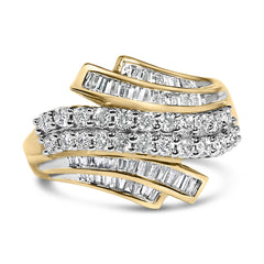 10K Yellow Gold 1.0 Cttw Round & Baguette Cut Diamond 64 Stone Bypass Style Channel Set Modern Statement Ring (H-I Color, SI1-SI2 Clarity)
