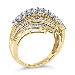 10K Yellow Gold 1.0 Cttw Round & Baguette Cut Diamond 64 Stone Bypass Style Channel Set Modern Statement Ring (H-I Color, SI1-SI2 Clarity)
