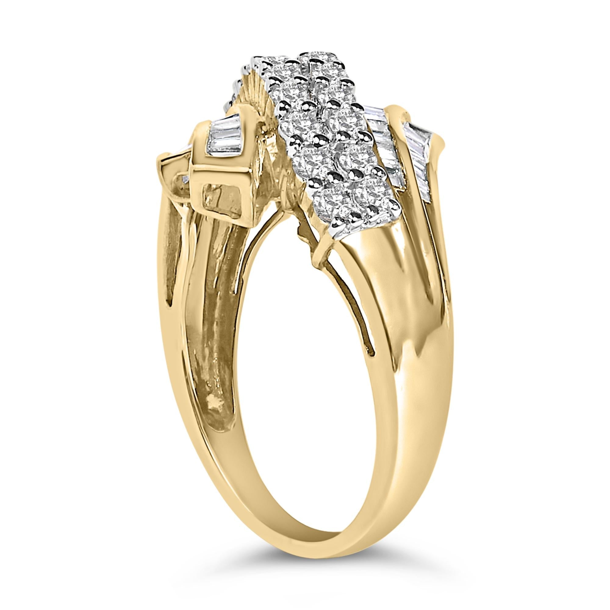 10K Yellow Gold 1.0 Cttw Round & Baguette Cut Diamond 64 Stone Bypass Style Channel Set Modern Statement Ring (H-I Color, SI1-SI2 Clarity)