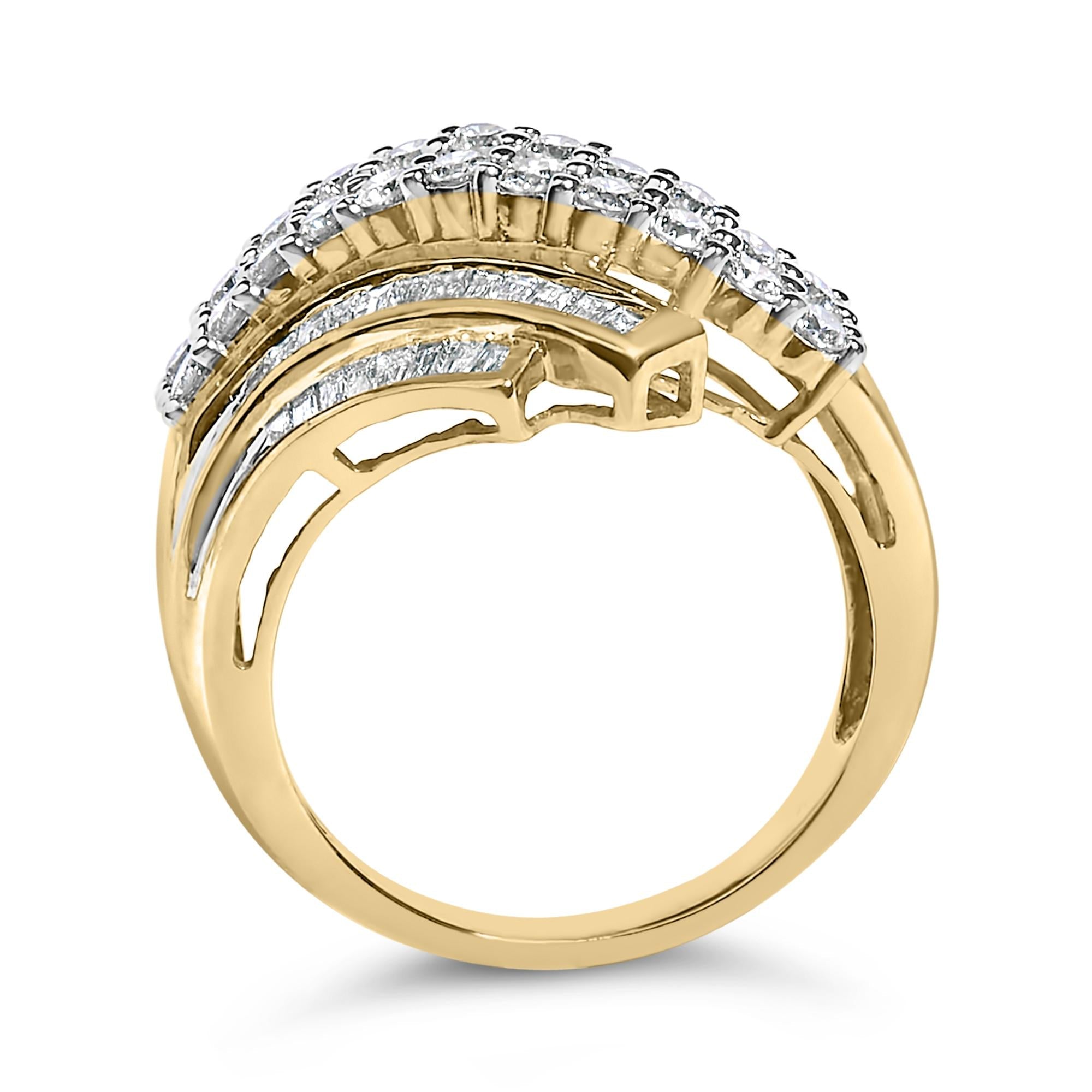 10K Yellow Gold 1.0 Cttw Round & Baguette Cut Diamond 64 Stone Bypass Style Channel Set Modern Statement Ring (H-I Color, SI1-SI2 Clarity)