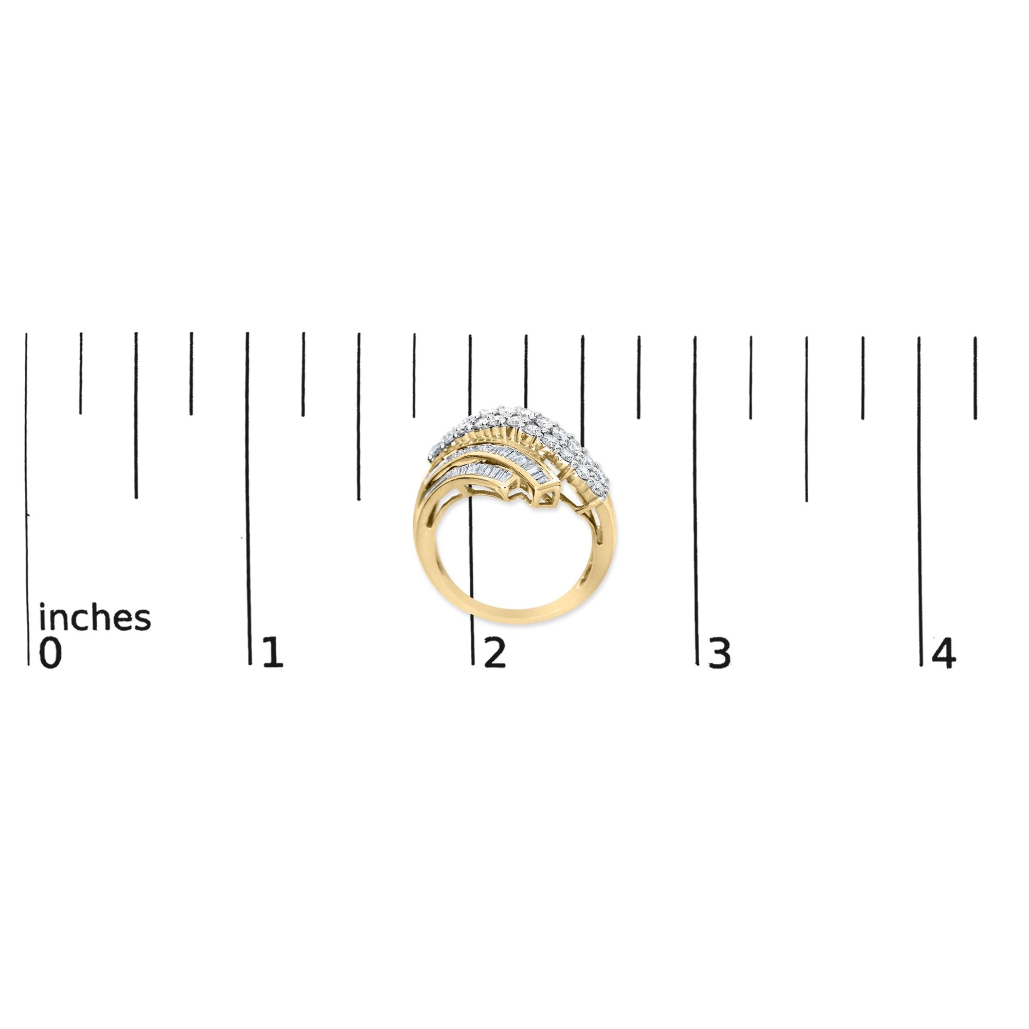 10K Yellow Gold 1.0 Cttw Round & Baguette Cut Diamond 64 Stone Bypass Style Channel Set Modern Statement Ring (H-I Color, SI1-SI2 Clarity)