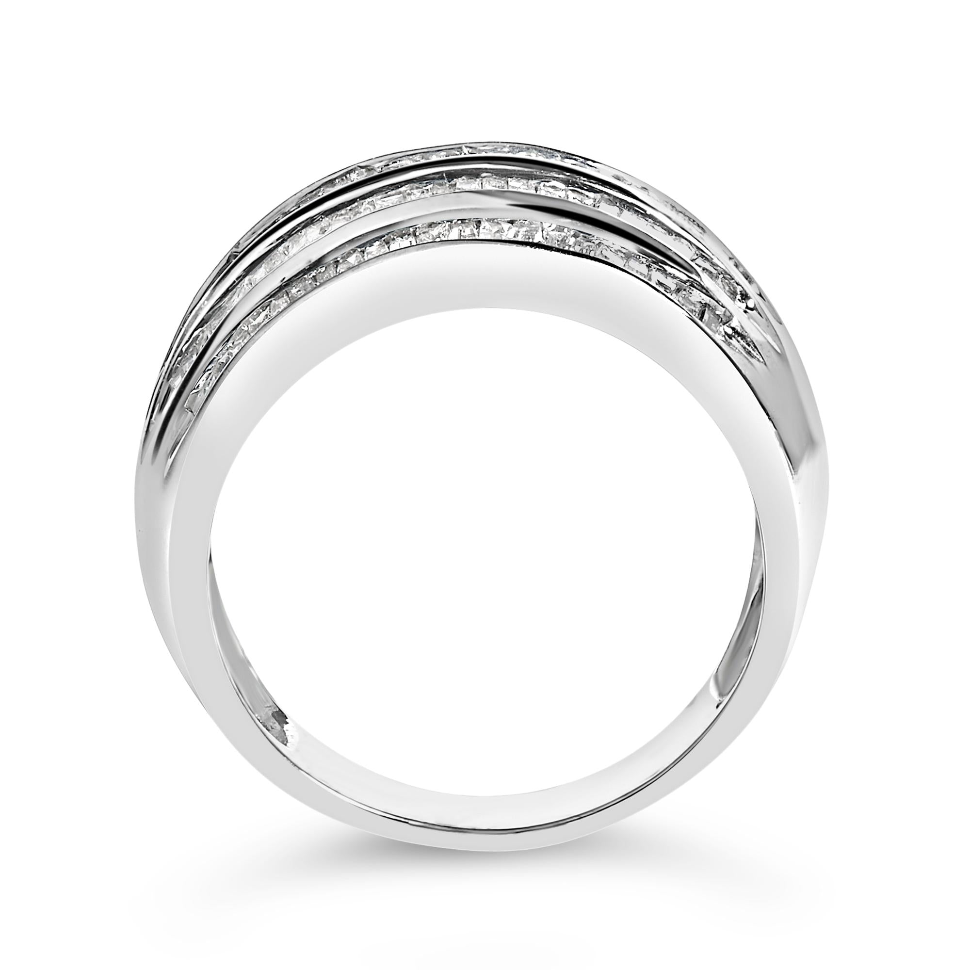Silver 1.0 Cttw Channel Set Baguette Diamond 6-Row Domed Cocktail Ring