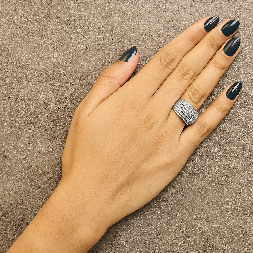Silver 1.0 Cttw Channel Set Baguette Diamond 6-Row Domed Cocktail Ring