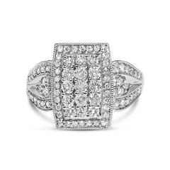10K White Gold 1.0 Cttw Diamond Rectangular Cushion Shaped Cluster Halo Flared Band Cocktail Fashion Ring (H-I Color, SI2-I1 Clarity)