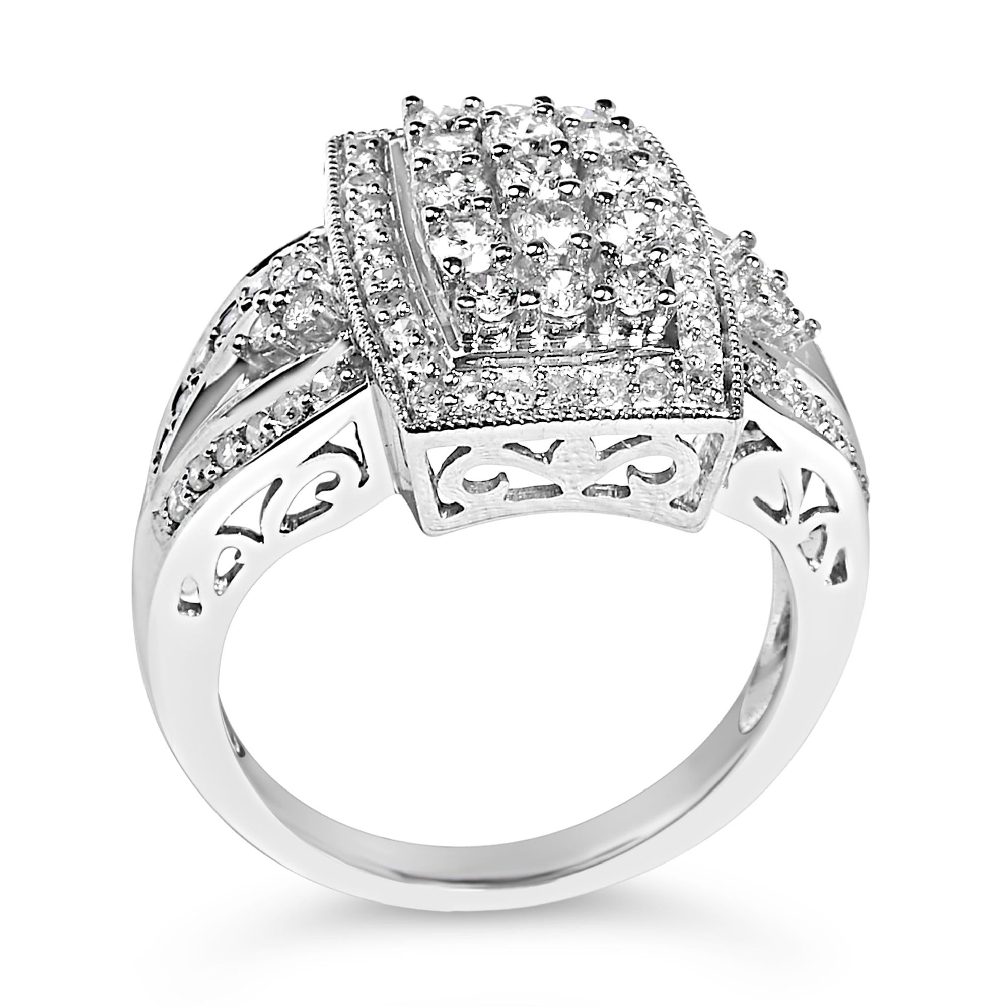 10K White Gold 1.0 Cttw Diamond Rectangular Cushion Shaped Cluster Halo Flared Band Cocktail Fashion Ring (H-I Color, SI2-I1 Clarity)