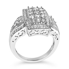 10K White Gold 1.0 Cttw Diamond Rectangular Cushion Shaped Cluster Halo Flared Band Cocktail Fashion Ring (H-I Color, SI2-I1 Clarity)