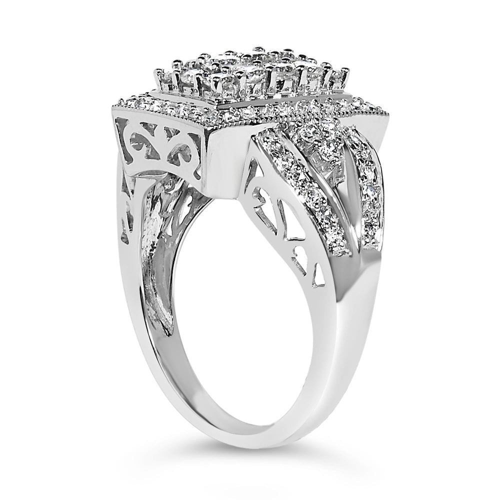 10K White Gold 1.0 Cttw Diamond Rectangular Cushion Shaped Cluster Halo Flared Band Cocktail Fashion Ring (H-I Color, SI2-I1 Clarity)