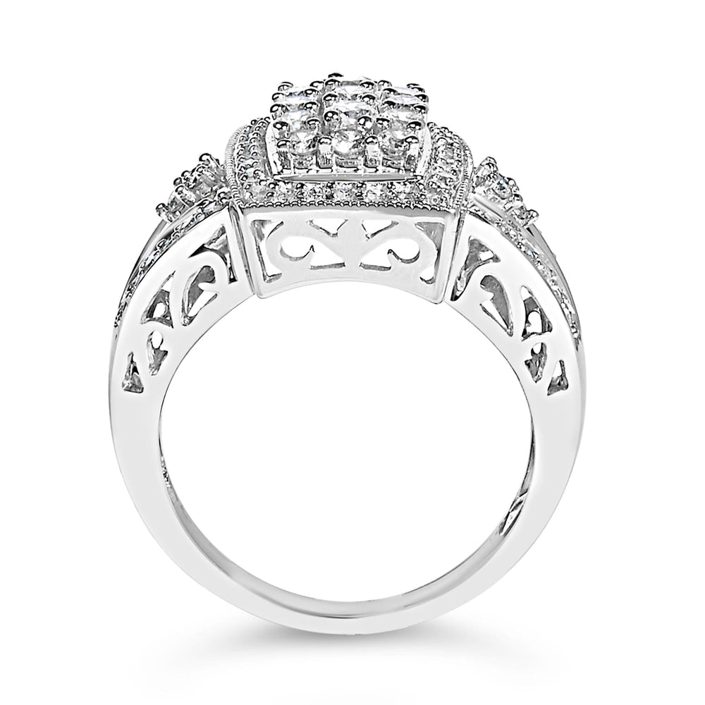 10K White Gold 1.0 Cttw Diamond Rectangular Cushion Shaped Cluster Halo Flared Band Cocktail Fashion Ring (H-I Color, SI2-I1 Clarity)