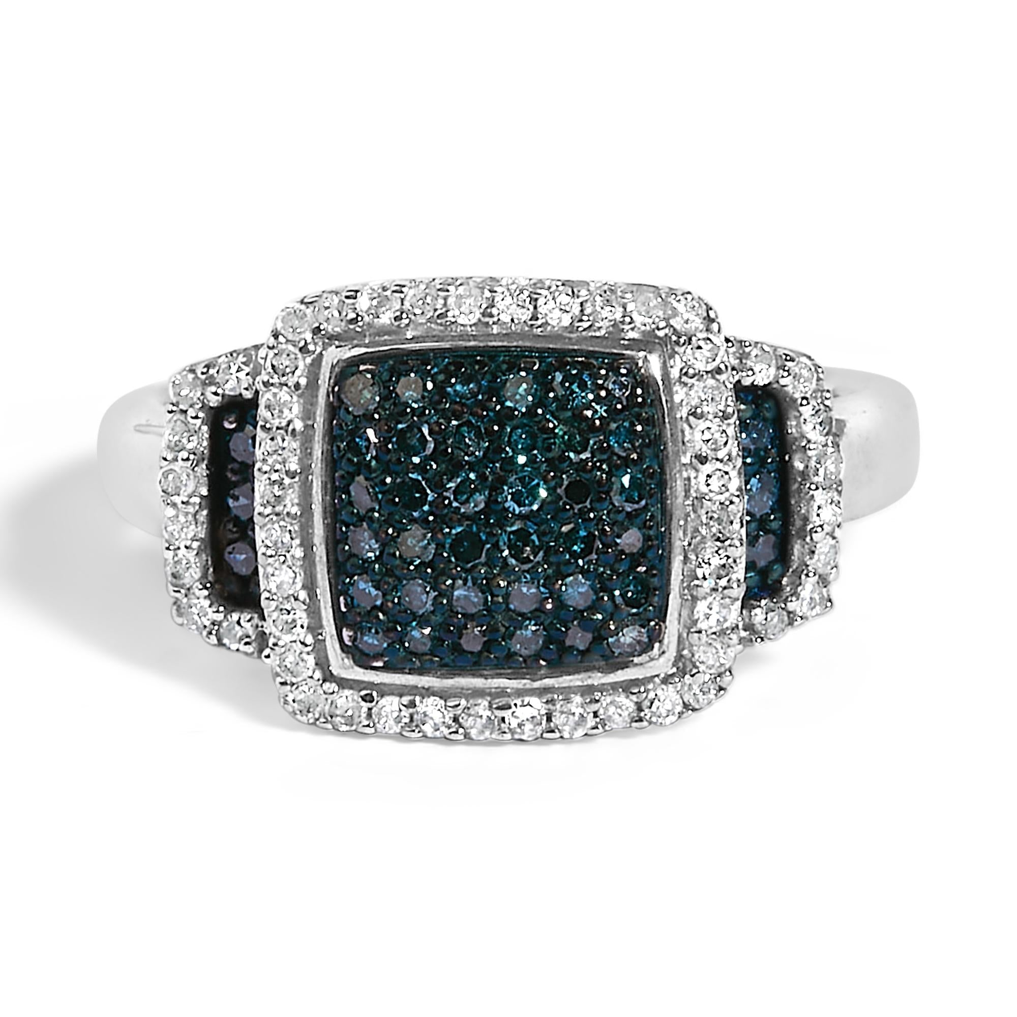 Black Rhodium Plated .925 Sterling Silver 1/2 Cttw White & Blue Diamond Square Halo Cocktail Ring (Fancy Blue & H-I Color, I2-I3 Clarity)