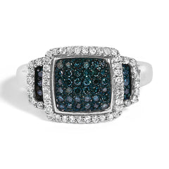 Black Rhodium Plated .925 Sterling Silver 1/2 Cttw White & Blue Diamond Square Halo Cocktail Ring (Fancy Blue & H-I Color, I2-I3 Clarity)