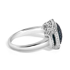 Black Rhodium Plated .925 Sterling Silver 1/2 Cttw White & Blue Diamond Square Halo Cocktail Ring (Fancy Blue & H-I Color, I2-I3 Clarity)