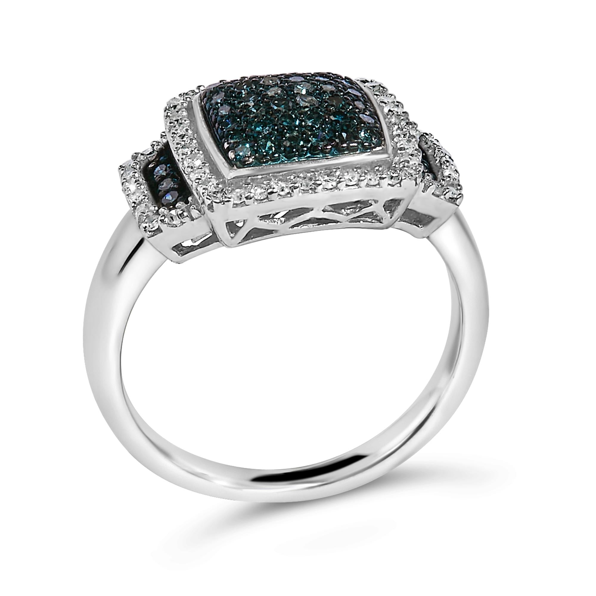 Black Rhodium Plated .925 Sterling Silver 1/2 Cttw White & Blue Diamond Square Halo Cocktail Ring (Fancy Blue & H-I Color, I2-I3 Clarity)
