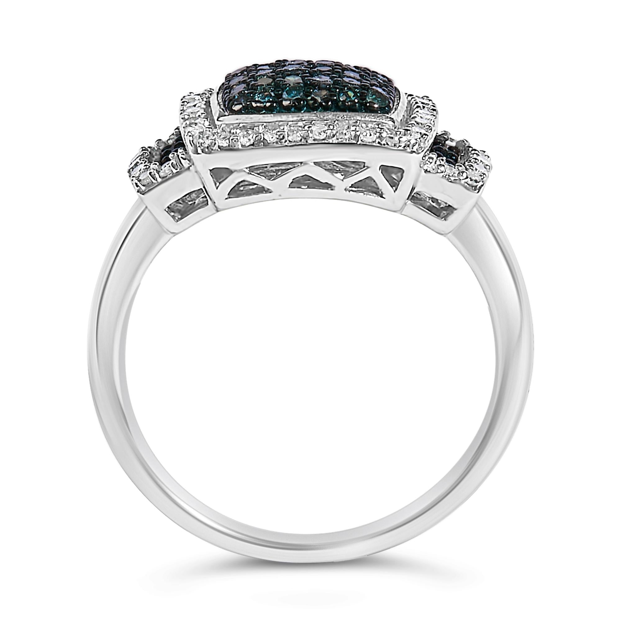 Black Rhodium Plated .925 Sterling Silver 1/2 Cttw White & Blue Diamond Square Halo Cocktail Ring (Fancy Blue & H-I Color, I2-I3 Clarity)