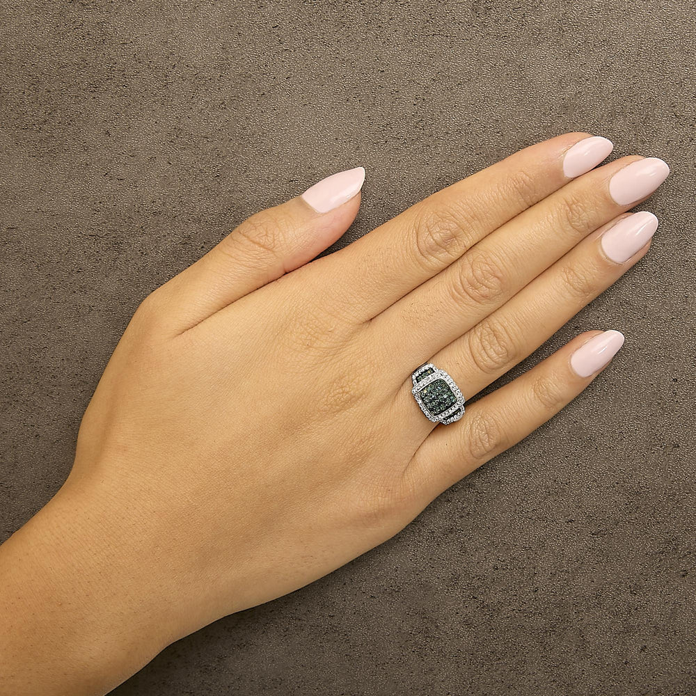 Black Rhodium Plated .925 Sterling Silver 1/2 Cttw White & Blue Diamond Square Halo Cocktail Ring (Fancy Blue & H-I Color, I2-I3 Clarity)