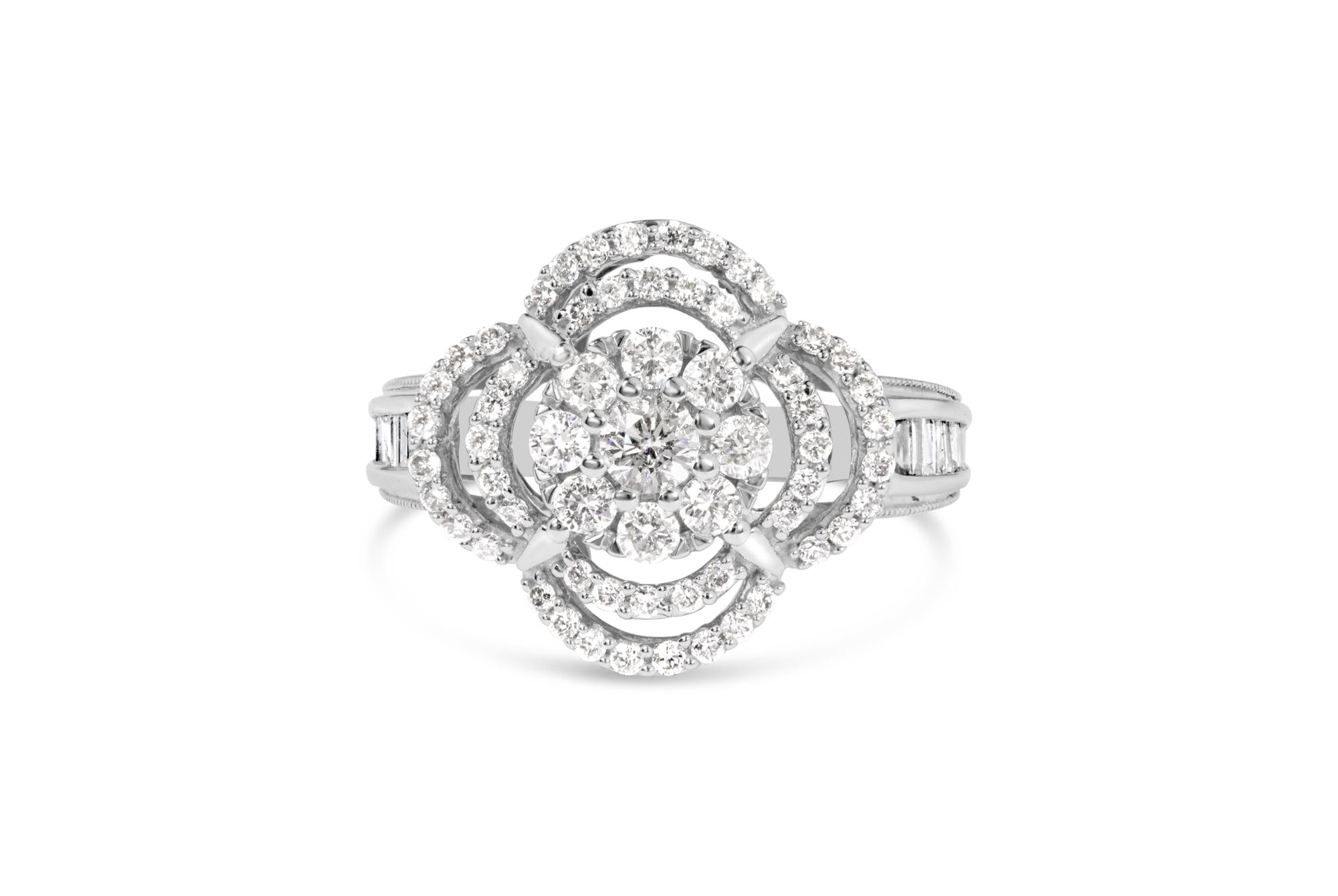 14K White Gold 1.0 Cttw Round & Baguette Cut Diamond Floral Cluster Quatrefoil Channel Set Band Cocktail Statement Ring (H-I Color, SI2-I1 Clarity)