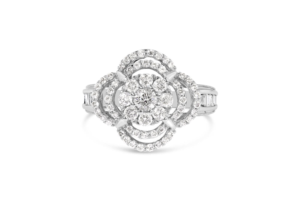 14K White Gold 1.0 Cttw Round & Baguette Cut Diamond Floral Cluster Quatrefoil Channel Set Band Cocktail Statement Ring (H-I Color, SI2-I1 Clarity)