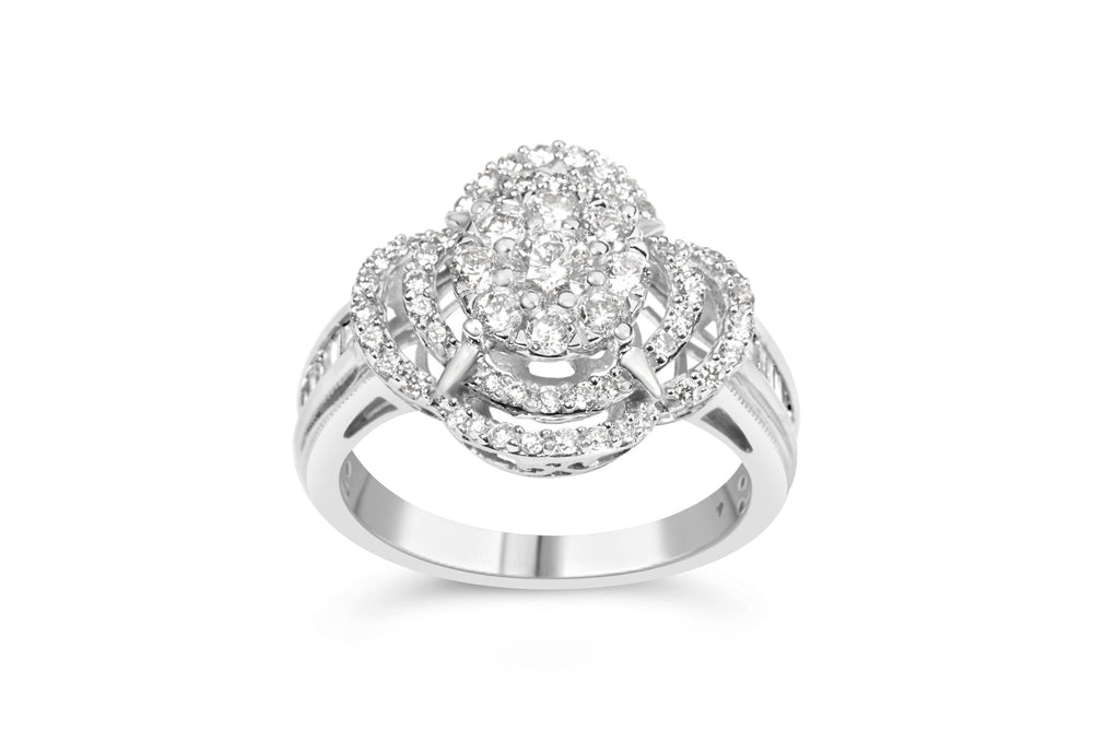 14K White Gold 1.0 Cttw Round & Baguette Cut Diamond Floral Cluster Quatrefoil Channel Set Band Cocktail Statement Ring (H-I Color, SI2-I1 Clarity)