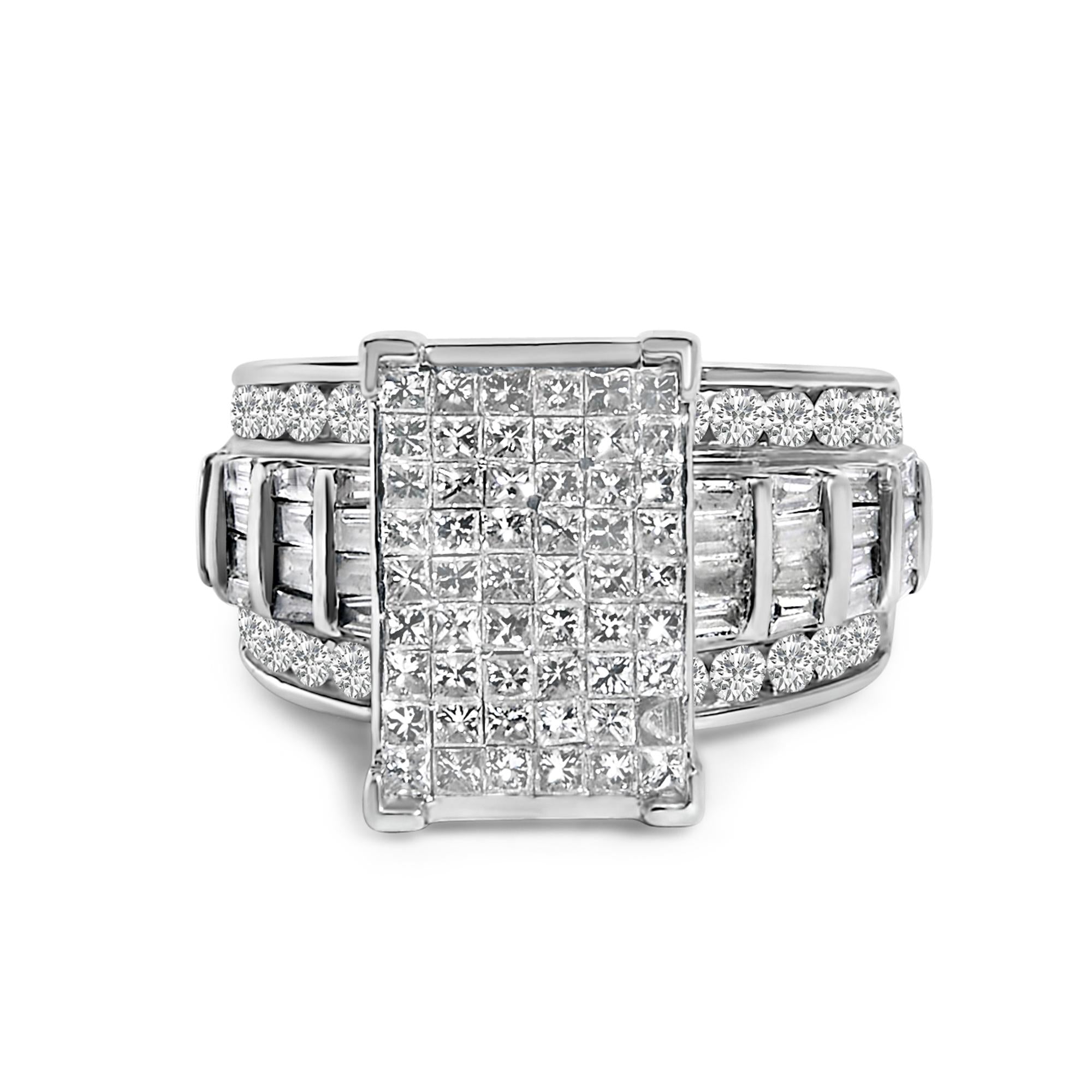 14K White Gold 2.0 Cttw Mixed-Cut Diamond Rectangle Invisible-Set Composite Cluster Ring with Bar- and Channel-Set Band (H-I Color, SI2-I1 Clarity)