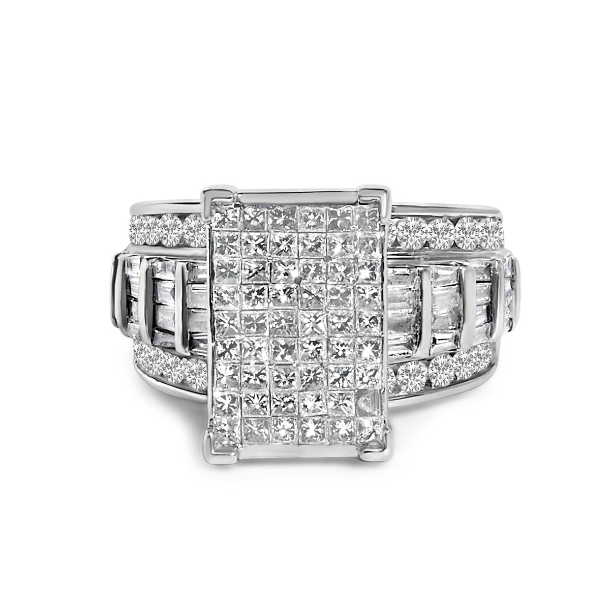 14K White Gold 2.0 Cttw Mixed-Cut Diamond Rectangle Invisible-Set Composite Cluster Ring with Bar- and Channel-Set Band (H-I Color, SI2-I1 Clarity)