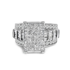 14K White Gold 2.0 Cttw Mixed-Cut Diamond Rectangle Invisible-Set Composite Cluster Ring with Bar- and Channel-Set Band (H-I Color, SI2-I1 Clarity)