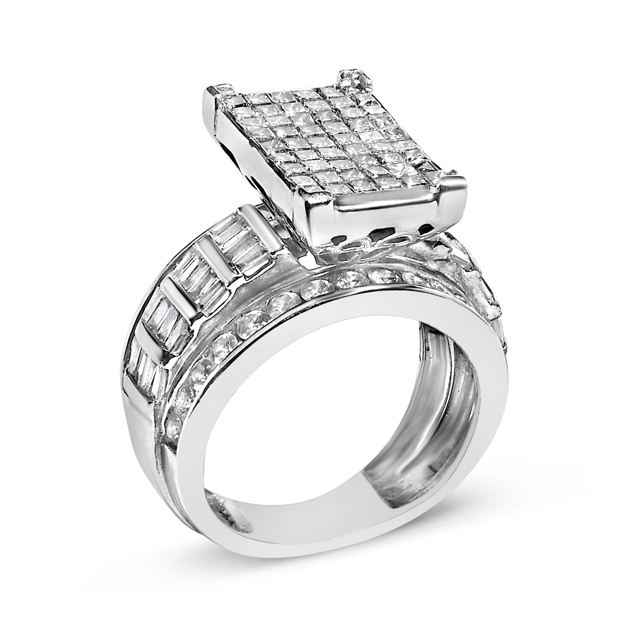 14K White Gold 2.0 Cttw Mixed-Cut Diamond Rectangle Invisible-Set Composite Cluster Ring with Bar- and Channel-Set Band (H-I Color, SI2-I1 Clarity)