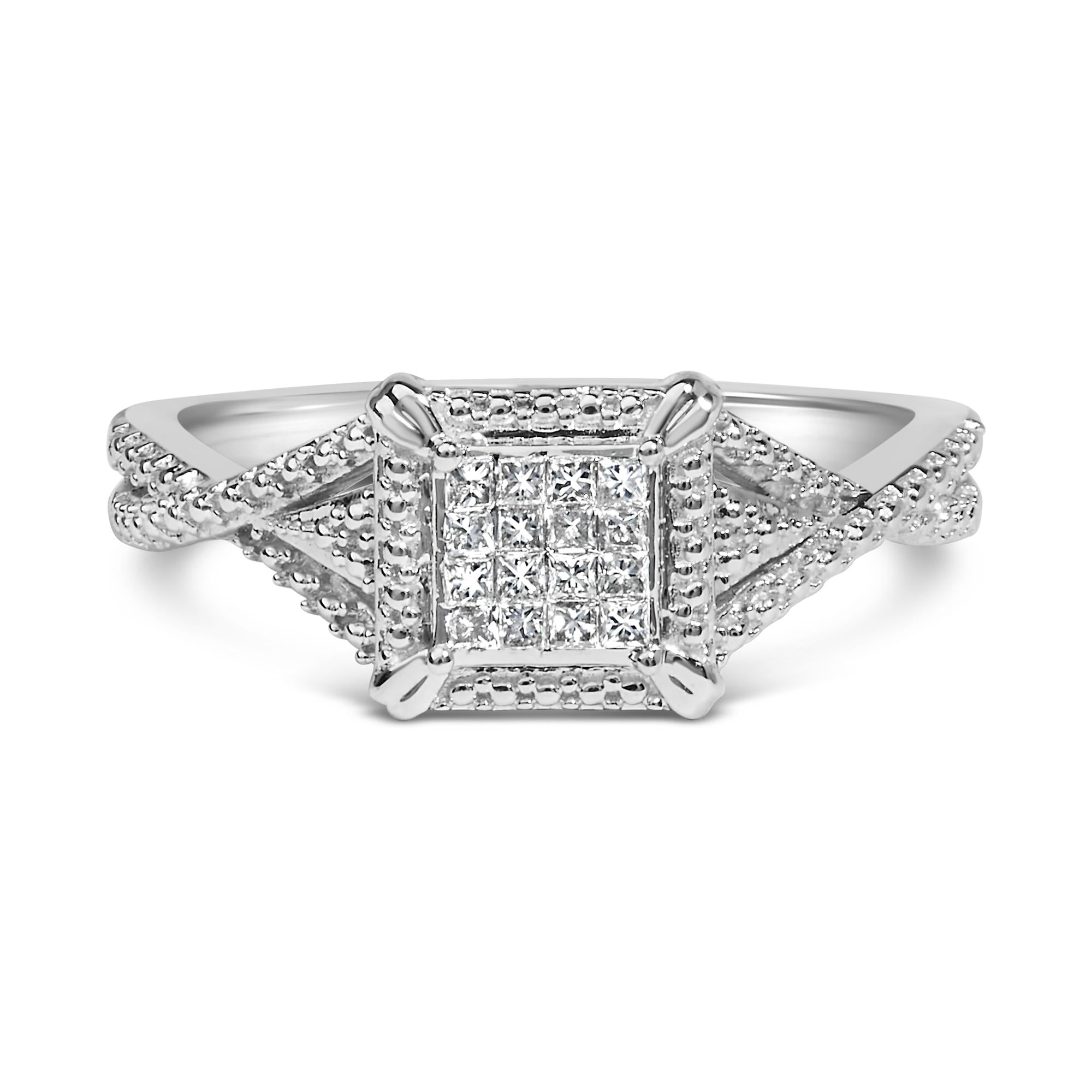 10K White Gold 1/7 Cttw Princess Cut Diamond Composite Head and Beaded Shank Engagement Ring (H-I Color, SI1-SI2 Clarity)