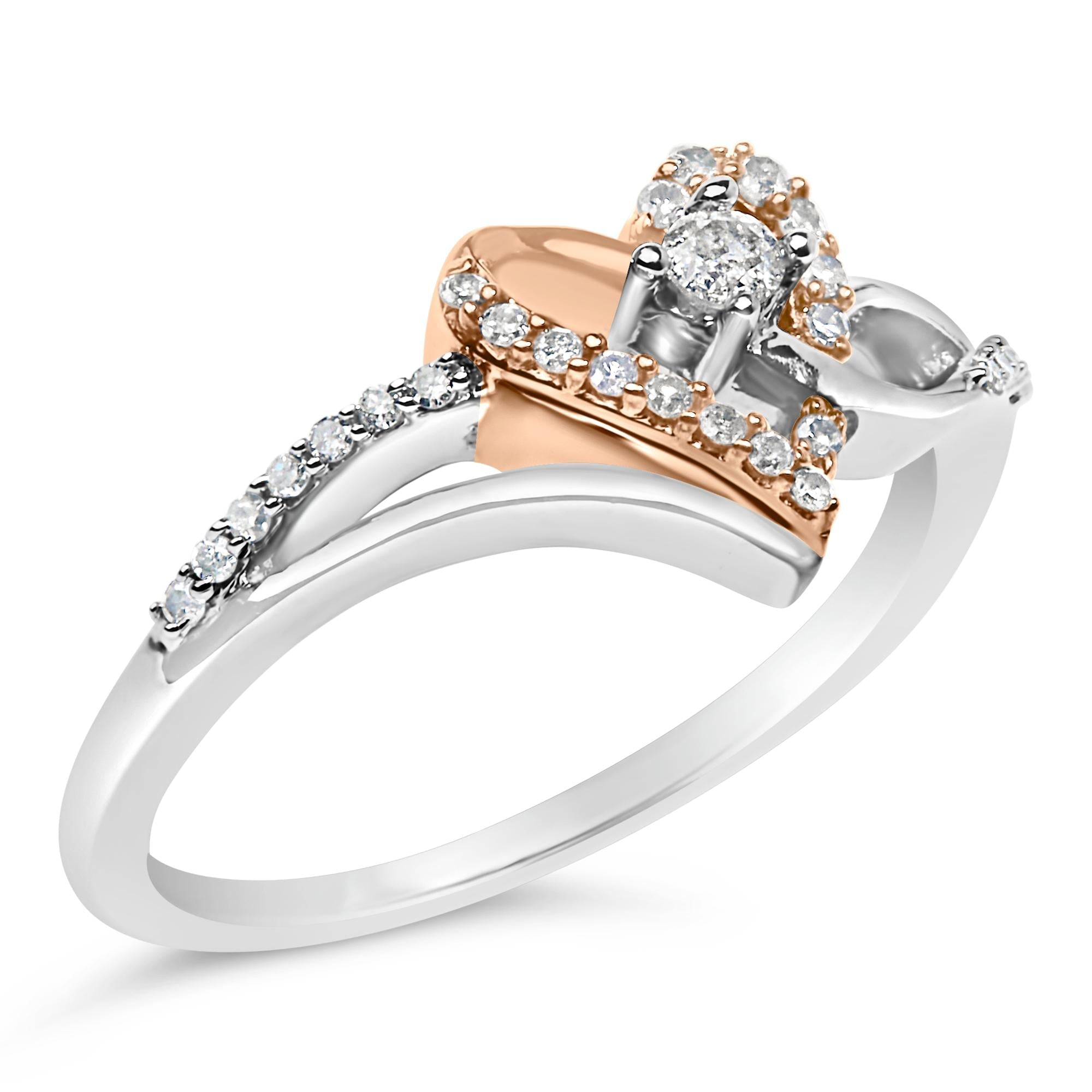 10K Rose Gold Plated .925 Sterling Silver 1/5 Cttw Diamond Two Tone Open Heart Promise or Fashion Ring (I-J Color, I2-I3 Clarity)